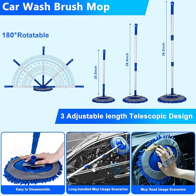Car Wash Kit, Car Detailing Kit with Foam Gun, Car Wash Brush Mop and Large Folding Bucket Suitable for Car Cleaning, Blue Car Wash Set Gift for Men and Women
