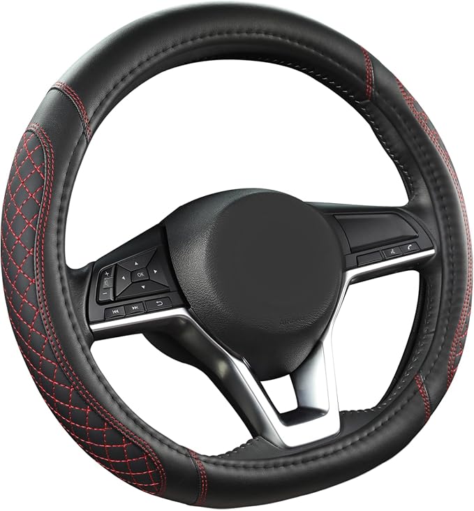Flat Bottom Car Steering Wheel Cover for Nissan,D Shaped Steering Wheel Cover for Rogue,Altima,Kicks (Diamond Quilted-Black+Red-Standard Size)