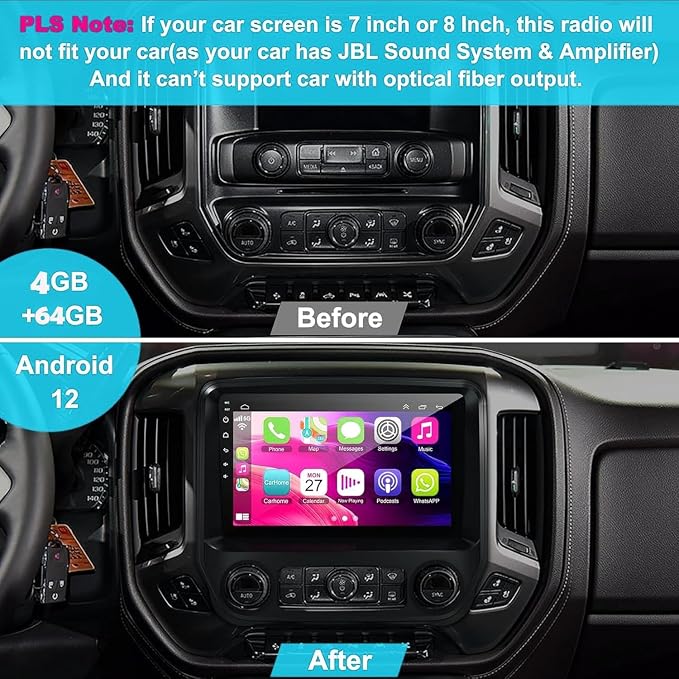 4G+64G Car Radio Stereo for Chevrolet Silverado & GMC Sierra 2014-2018, Wireless Carplay&Android Auto with Android 12 Support Bluetooth/Voice Control/GPS/WiFi/Back-up Camera/SWC/FM, 10.2" Car Radio