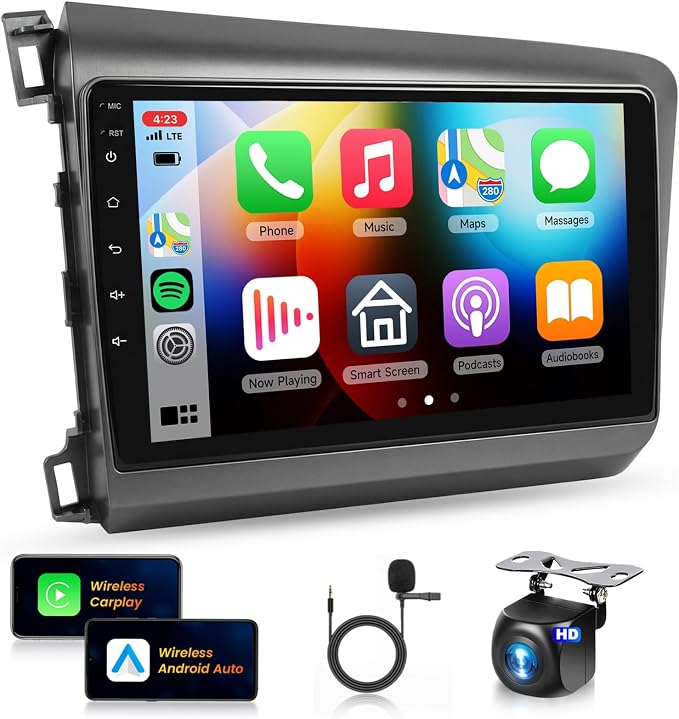 5G WiFi Car Stereo for Honda Civic 2012 2013 2014 2015 [2+64G] with Wireless Carplay & Android Auto, 9 Inch Touch Screen Car Radio Bluetooth GPS Navigation DSP FM SWC for Honda Civic Radio