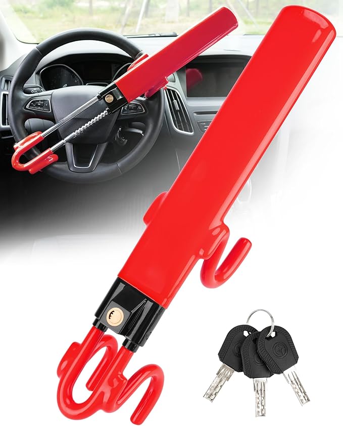 Steering Wheel Lock Anti-Theft Car Device Heavy Duty Security Car Lock Antitheft Locking Devices Great Deterrent Adjustable Car Wheel Lock Anti Theft for Vehicle Truck SUV with 3 Keys (Red)