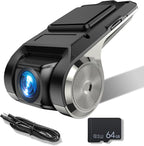 USB Car DVR Camera Video Recorder, USB Dash Cam, WDR Full HD Dash Camera Car Driving Recorder with 64GB Micro SD Card, Wide Angle, Loop Recording Night Vision ADAS 24Hours Monitor