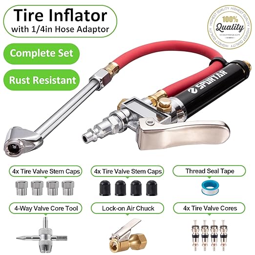 Spurtar 10-120 PSI Tire Pressure Gauge with Inflator Heavy Duty | Air Chuck Pressure Gauge with 4 Way Tool Valve Cores Air Compressor Attachments Tire Inflator Nozzle for Car Automotive Truck