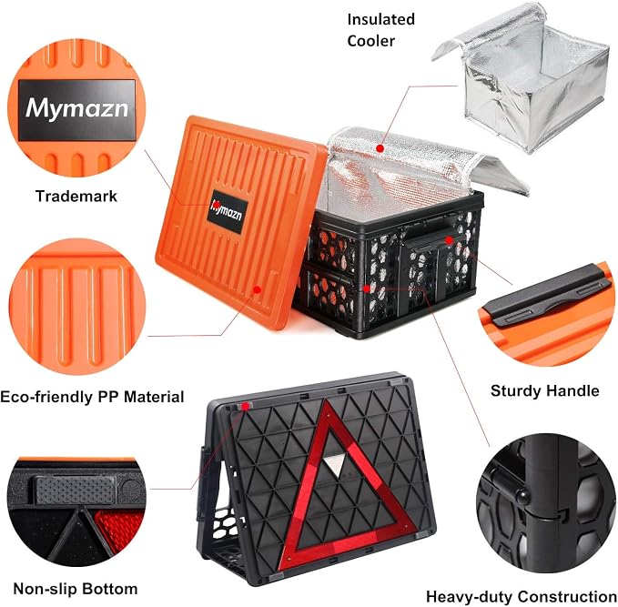 Trunk Crate Organizer with Cooler for Car | Collapsible, Plastic Trunk Lid Organizer Box, For Travel, Groceries, Sports, Home, Tailgating, Removable Insulated Cooler Set
