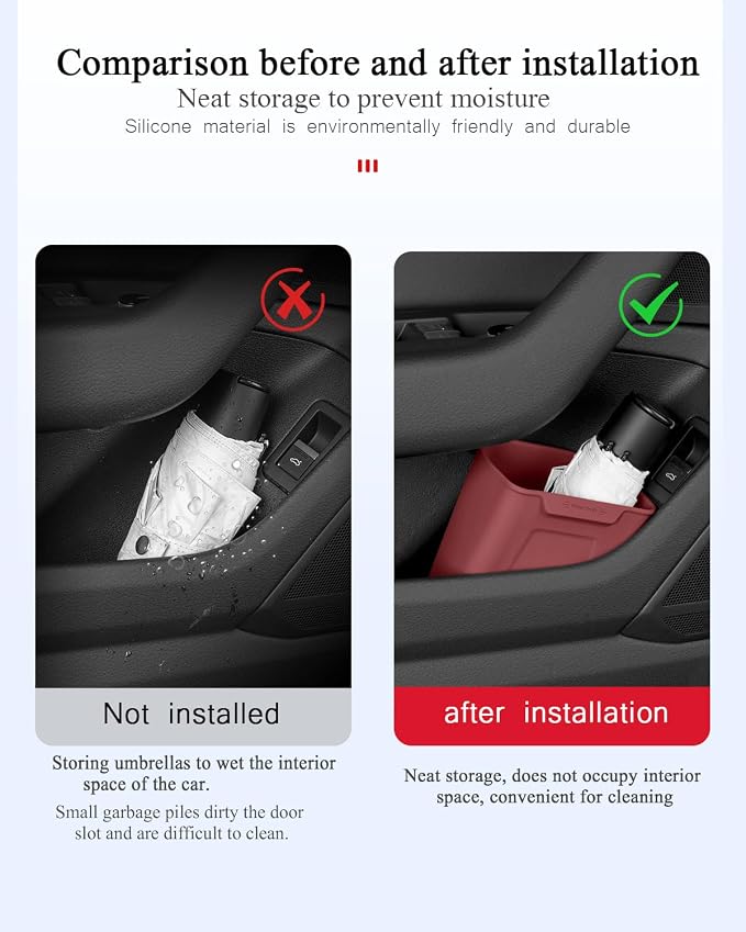 Car Interior Storage Box, Black Silicone Door Side Organizer with Umbrella Holder and Trash Can, Vehicle Accessory (Red)