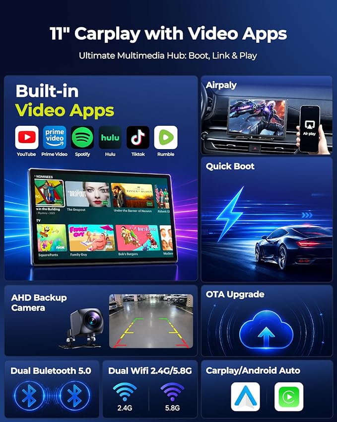 LAMTTO Extra Large 11 Inch Carplay Screen for Car, Built-in YouTube/TikTok Entertainment Video APPs, Backup Camera, Wireless Car Play and Android Auto Screen with Navigation/Voice Assistant/OTA Update