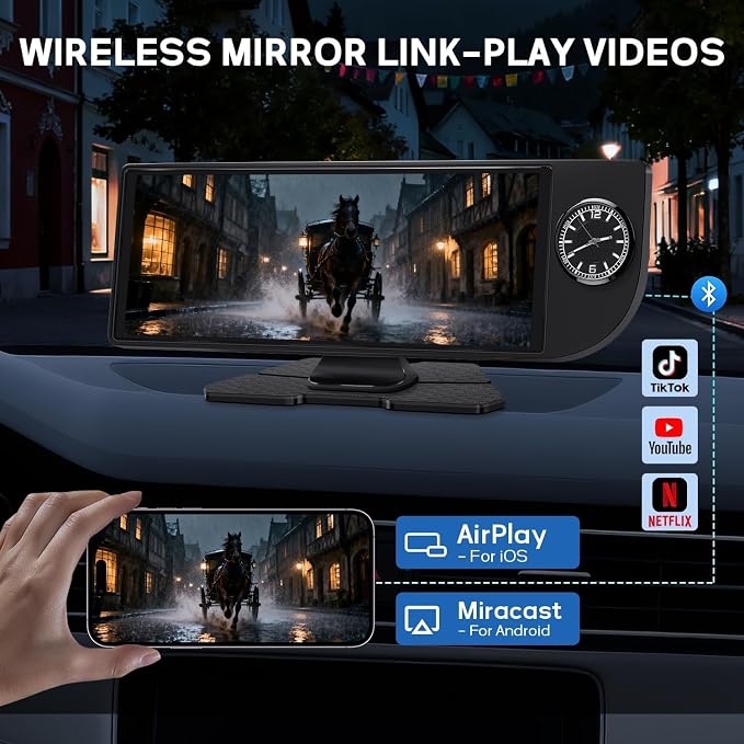 10.26" Wireless CarPlay Screen for Car, Portable Apple Car Play & Android Auto HD Touchscreen with 4K Dash Cam/1080P Backup Camera/GPS Navigation/Mirror Link/FM/Voice Control for All Vehicles
