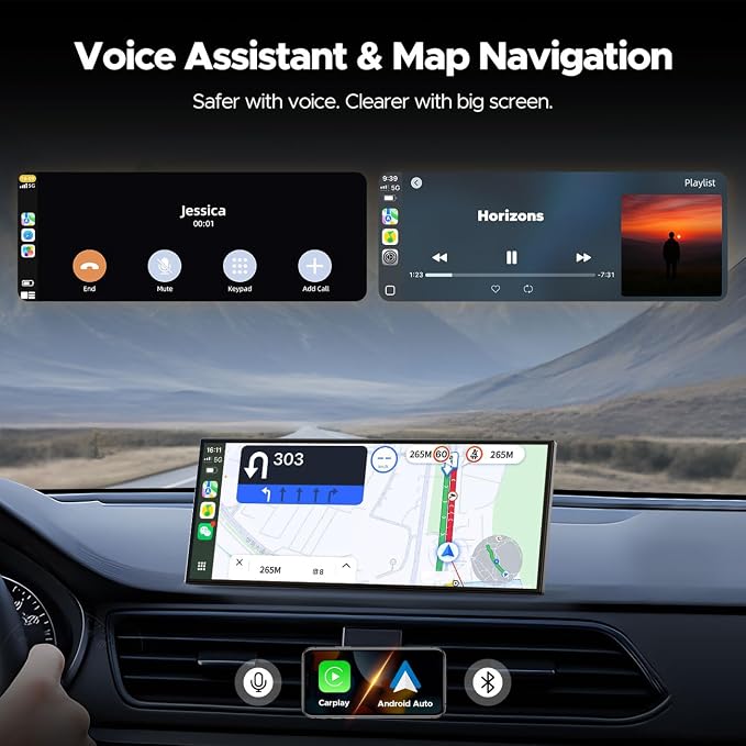 11'' Wireless Carplay Screen for Car Built-in Net-Flix YouTube Apps, Portable Touchscreen Car Stereo with Android Auto, Backup Camera, OTA Updates, Bluetooth, Voice Control, GPS Navigation,FM