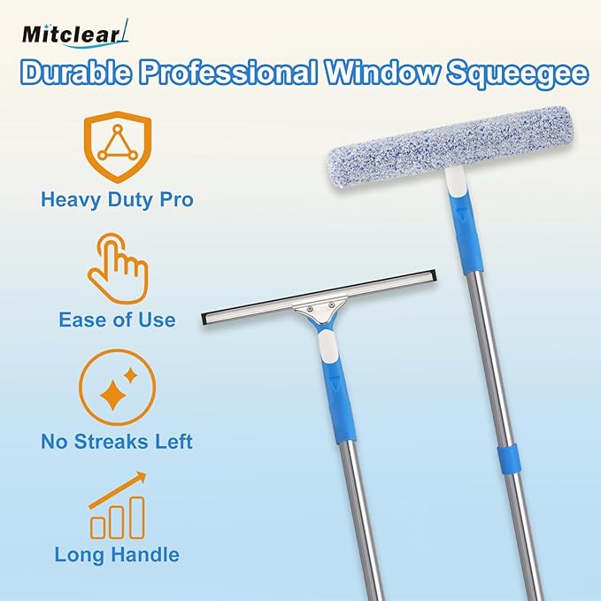 77'' Professional Squeegee Window Cleaner Tool with Extension Pole, Car Windshield Cleaning Kit with Long Handle, Window Washing Equipment for Indoor Outdoor Windows & Car Glass