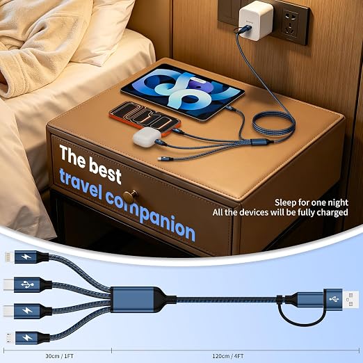 4 in 2 Multi Charging Cable,Dual Type-C Multiple Charger Cable,USB A/C Charging Cables for Multiple Devices with IP/Micro/USBC Port, Universal USB C Cable Phone Charger Cord for iPhone 16-12,Navy