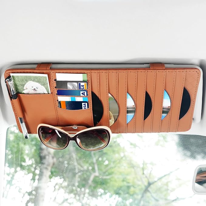 Sun Visor CD Case Holder for Car - Multi-Function Visor Organizer with CD/DVD Storage, Eyeglass Clip, Card Slots & Pen Holder, Durable Leather Car Accessories (Orange)