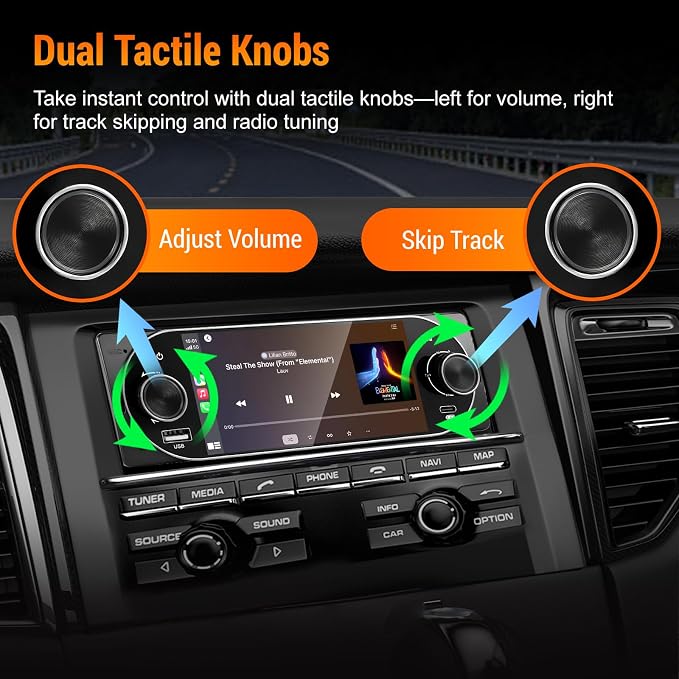 Single Din Car Radio with Apple CarPlay, Backup Camera，External Mic,Single Din Touchscreen Radio Supports Android Auto, Bluetooth, Dual Physical Knobs,SWC, EQ, FM Radio (Black)