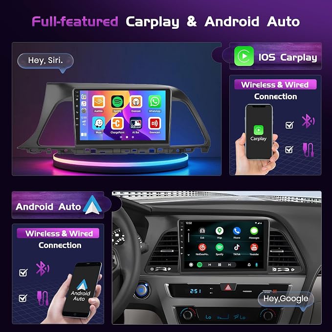4+64GB Android 15 Car Stereo for Hyundai Sonata 2015-2017 Wireless Carplay Android Auto 9" Touch Screen Car Radio Dash Kit with GPS WiFi Bluetooth SWC DSP EQ Mirror Link Backup Camera
