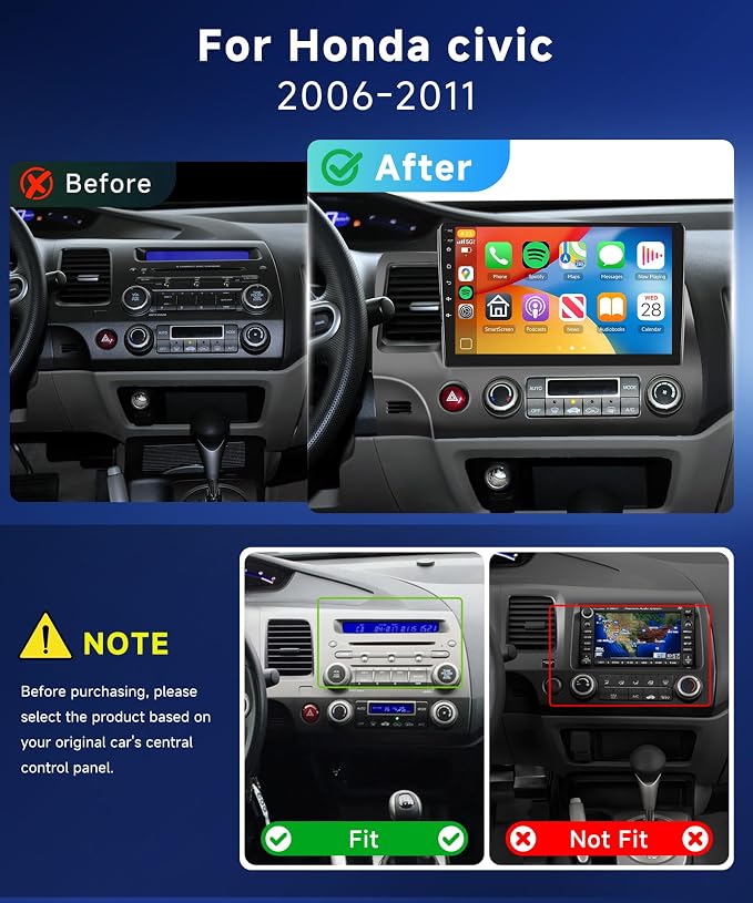 5G WiFi 8Core 4G 64G Car Radio for Honda Civic 2006-2011 Stereo Upgrade 10.1inch 1280x720P QLED Touch Screen 5.1Bluetooth DSP FM/RDS Wireless CarPlay Android Auto GPS SWC Backup Camera