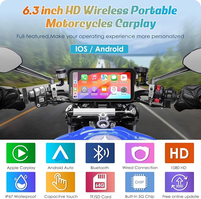 Carpuride W603 Motorcycle Carplay Screen, Wireless CarPlay & Android Auto for Moto, Remote Control，6.3" Waterproof Touchscreen, BT Trans, GPS Navigation, Siri, G00gle Assistant