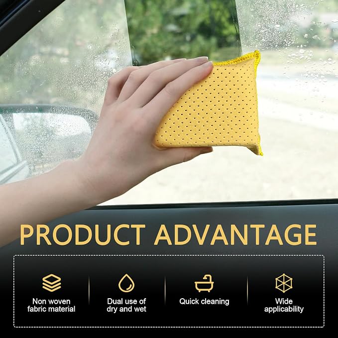 Windshield Cleaning Sponge Block, Double-Sided Microporous Defogger for Car Window Glass, Washable Super Absorbent Anti-Scratch Suede Sponge, Portable Cleaning Tool for Most Cars (Yellow)