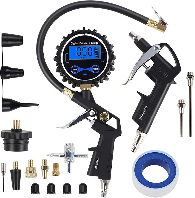 Heavy Duty Compressor Accessory Kit - Digital Tire Pressure Gauge with Inflator, Blow Gun and Hose Fittings, 1/4" NPT Air Tool Kit
