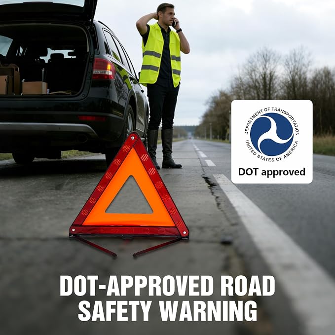 Emergency Warning Triangle Kit – Roadside Safety Kit with Reflective Warning Triangles, High-Visibility Safety Vests, Storage Bag & Gloves for Car Breakdowns & Emergencies