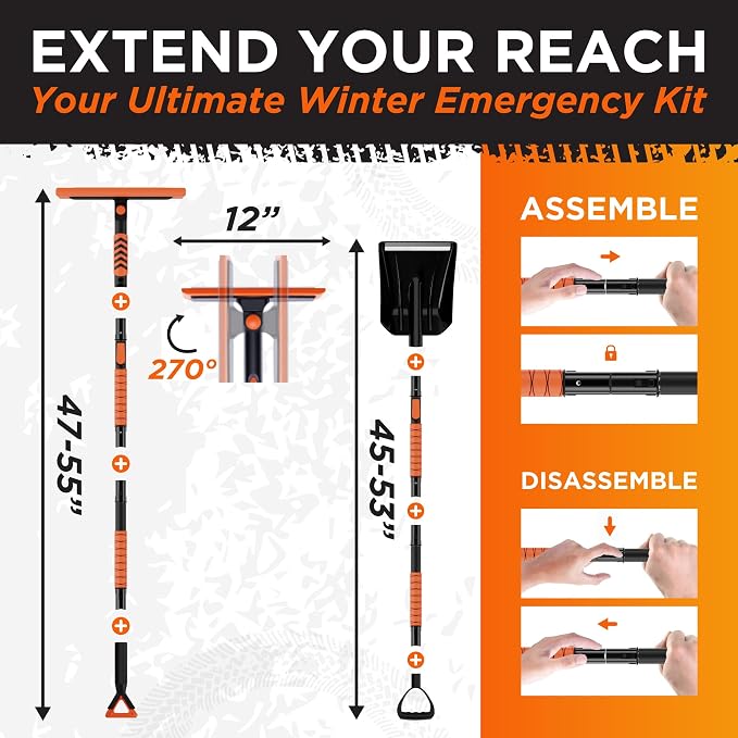 55" Ice Scrapers for Car Windshield and 270° Pivoting Non-Scratch Snow Brush Winter Car Kit with Snow Shovel Snow Brush for Cars and Snow Scraper with Extendable Snow Shovel for Car
