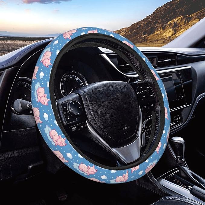 Cute Sleeping Pig Clouds Steering Wheel Covers Anti-Slip Elasticity Car Accessories Steering Wheel Protector Universal 15 Inch for Cars SUV Vehicle Truck