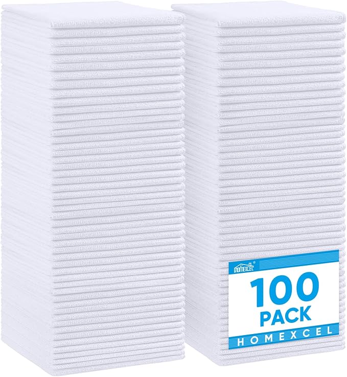 White Microfiber Cleaning Cloth 100 Pack, Microfiber Towel for Cars, Lint Free, Scratch-Free, Highly Absorbent, and Cleaning Rags for House, Window and Glass, Cars, TV Screen 11.5 X11.5 inch