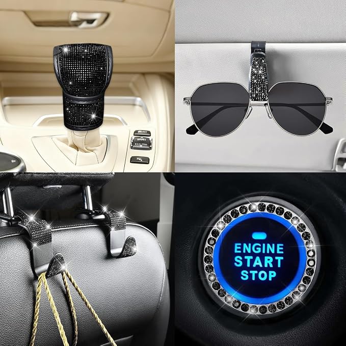 11PCS/Set Bling Car Accessories Set for Women, Rhinestone Vehicle Steering Wheel Cover Seat Belt Cushion Gear Shift Protector Cup Holder Coaster, Universal Automotive Accessories (Black)