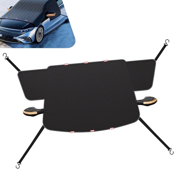 All-Season Car Windshield Frost Shield, Heat Blocking Car Windshield Weather Cover with Reflective Strips, Adsorption Design Front Window Ice Snow Shield, Universal for Most Cars (Black)