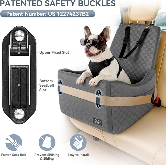 Dog Car Seat for Small/Medium Dogs Up to 35 lbs – Patented Safety System, 5" Memory Foam Pet Booster Car Seat, Fully Detachable and Washable Dog Carseat with 2 Storage Pockets (Grey)