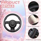 Black Car Steering Wheel Cover, Slip-Proof Breathable Comfort PU Leather Cute Universal Protector Cars Interior Accessories for Women Girl Fit Most Vehicle (Black)