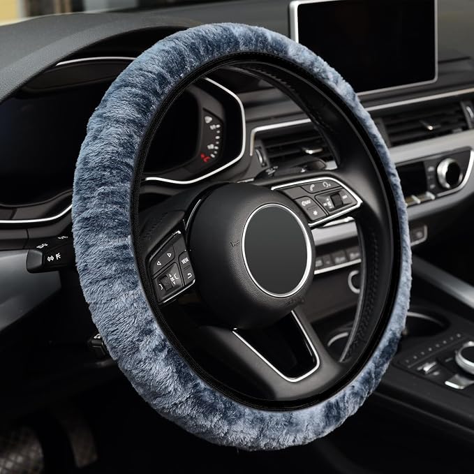 Elastic Long Microfiber Plush Steering Wheel Cover for Winter Warm, Universal 15 inch, Anti-Slip, Odorless, Gray