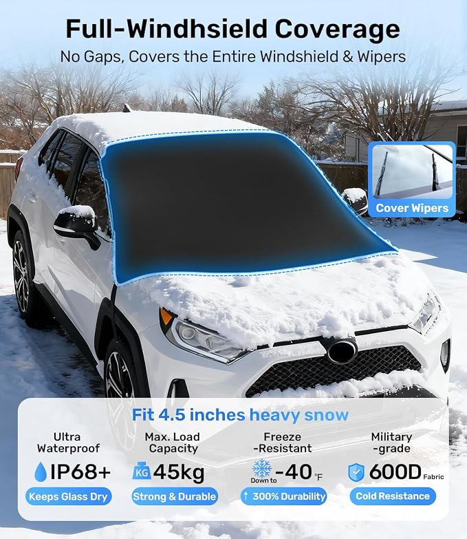 Upgrade Windshield Cover for Ice & Snow [Fast Install & Removal] 600D Oxford Fabric Against Magnetic Fit Snow, Ice, Frost, Winter Accessories - Fit for All Sedans/Cars - (69' x48'')