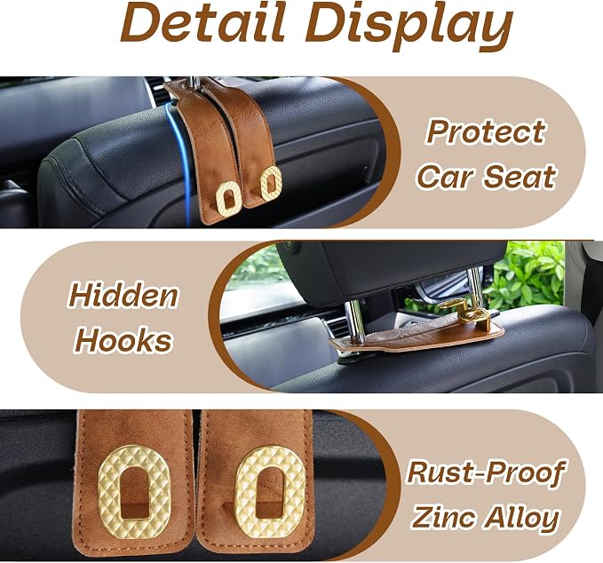 Car Headrest Hooks Universal Car Purse Hook Premium Leather and Alloy Twin Hook Car Seat Back Storage Hanger Hook for Purse Bags Cloth Drink Durable Holder Car Accessories (BH09-Brown-Gold-4 Pcs)