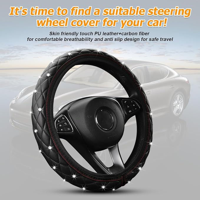 Bling Car Steering Wheel Cover, Non-Slip Elastic Stretch Leather Auto Steering Wheel Protector, Sparkling Diamond Vehicle Decor Accessories for Women Girls, Universal for Vehicles (Black)