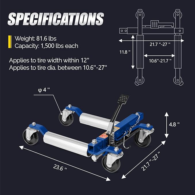 Car Wheel Dolly Jack Set of 2, Hydraulic 1500-lbs Car Skates, 12'' Wheel Vehicle Positioning Jack, Heavy Duty Rollers with Foot Pedal for Tire Auto Repair Moving, Blue