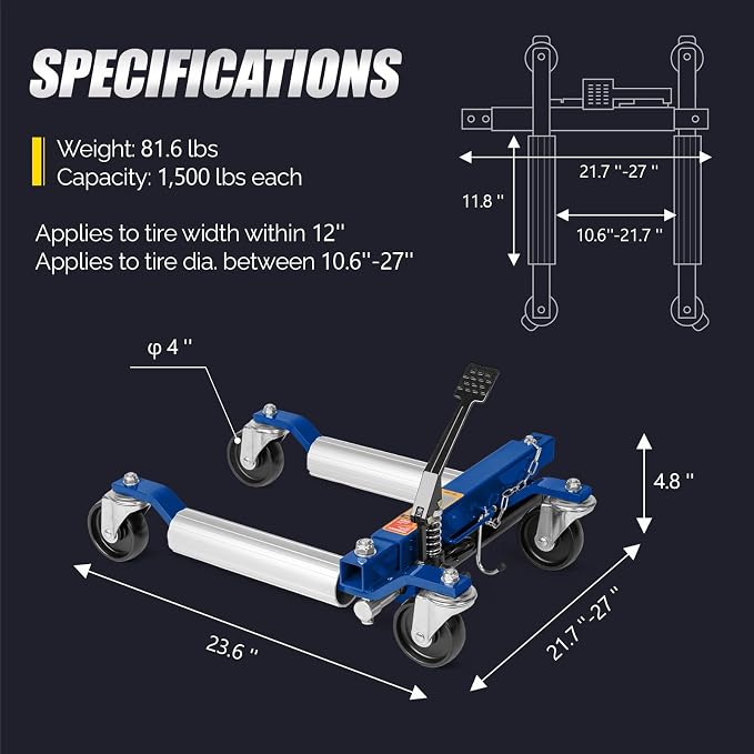 Car Wheel Dolly Jack Set of 4, Hydraulic 6000-lbs Car Skates, 12'' Wheel Vehicle Positioning Jack, Heavy Duty Rollers with Foot Pedal for Tire Auto Repair Moving, Blue