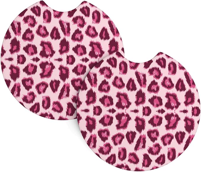 Pink Leopard Pattern Steering Wheel Cover Pink Cheetah Pattern Steering Wheel Cover Anti-Slip Breathable 15 Inch Universal 2 Pcs Car Interior Cup Holder Pad for Men Women