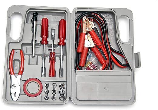 Roadside Emergency Car Kit - 30-Piece Road Trip Essentials Tool Set with Jumper Cables and Carrying Case for Car, Truck, or RV by (Gray/Red)