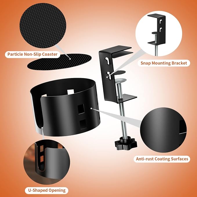 Upgraded Large Desk Cup Holder Clamp, Anti-Spill Table Cup Holder, Metal Office & PC Gaming Desk Accessories, Compatible with Universal Cup, Bottles, Pencil Holder (Black)