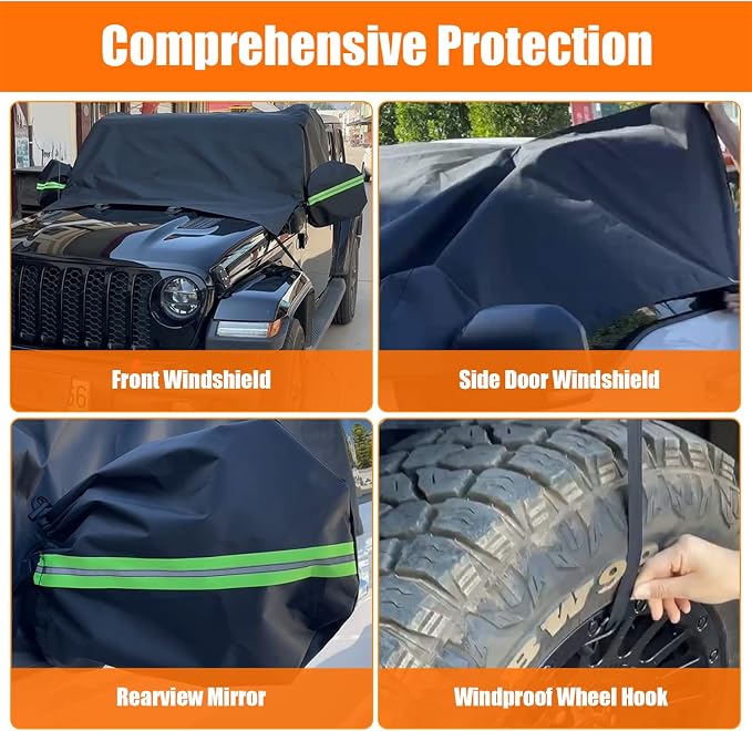 Windshield & Front Side Window Snow Cover Replace for Jeep Wrangler/Jeep Gladiator, 600D Oxford Cloth Windshield Cover with Mirror Cover for Snow Rain Hail Protection (Wrangler)