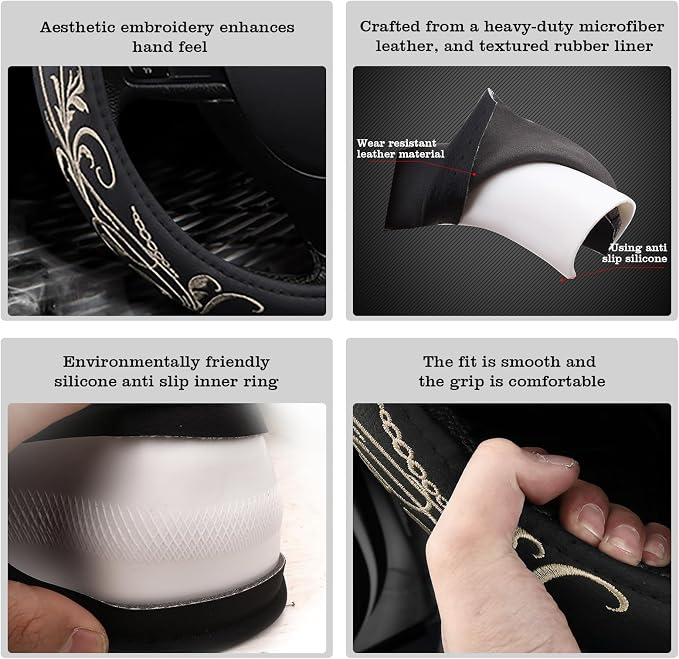 Car Leather Steering Wheel Cover - Panapi Material, Universal 14.5-15 Inch Leather Anti-Slip Breathable Auto Steering Wheel Covers for Men Women (Embroidery-Beige)