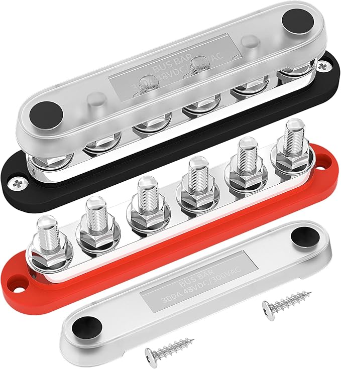 300A Bus Bar 12V Marine 12V Power Distribution Block with Cover 6 x 3/8" (M10) Terminal Studs Max 300V AC 48V DC Positive & Ground Busbar for Automotive Car Boat