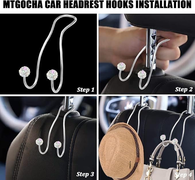 Bling Purse Hook for Car Headrest, Upgraded Cute Car Seat Hooks for Bag Handbag, Durable Stainless Auto Purse Hanger Holder 2 Pack, White