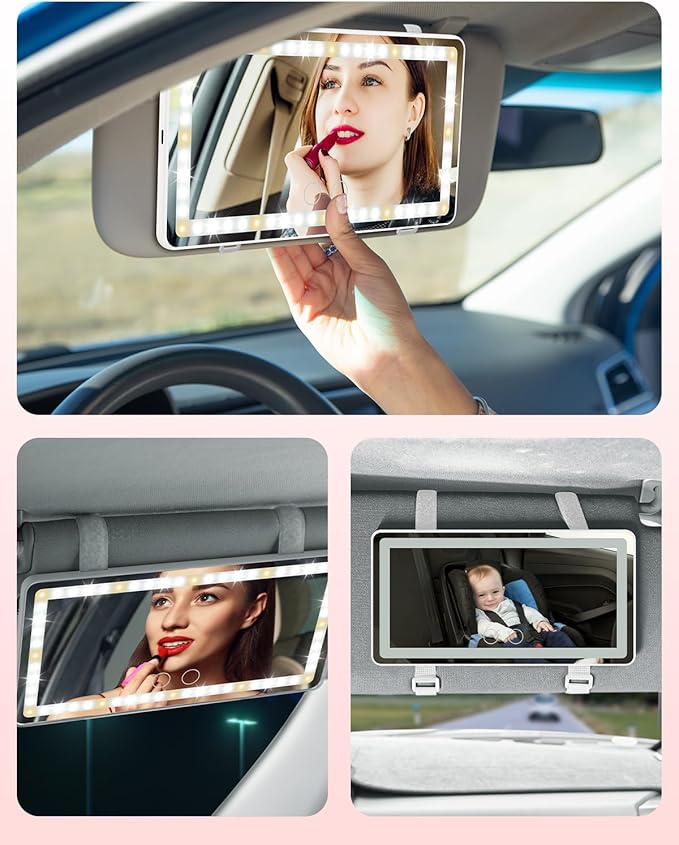 Car Sun Visor Vanity Mirror, Car Vanity Mirror with Lights, Makeup with 3 Light Modes & 60 LEDs, Rechargeable Dimmable Touch Control Travel Makeup for Sedan Truck SUV