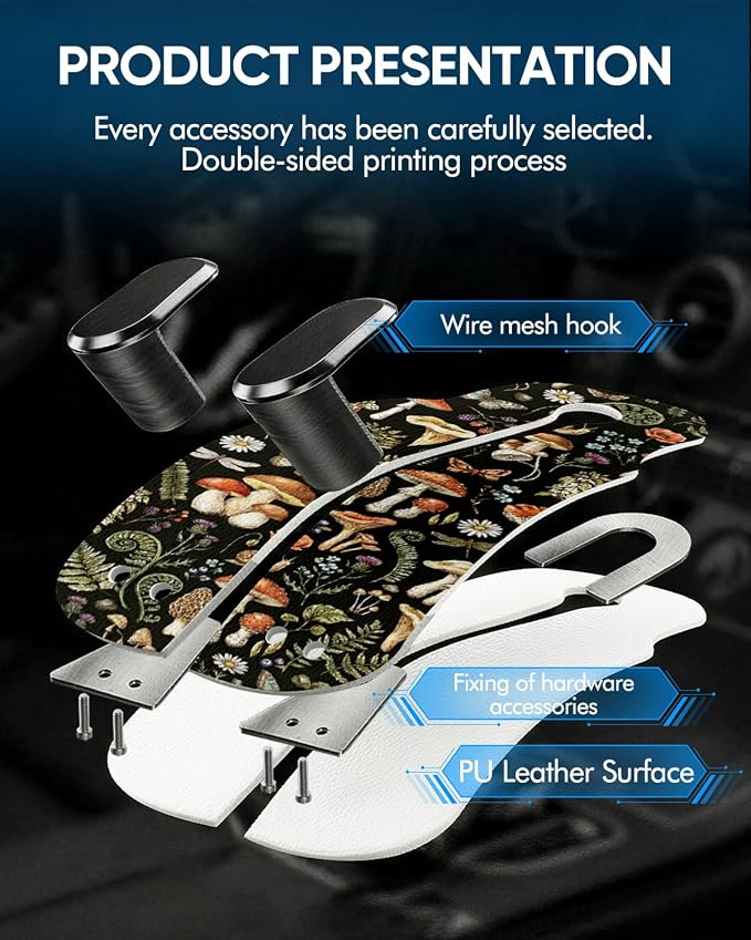 Purse Holder for Car, 2 Pack Heavy Duty Purse Hanger for Car, PU Leather Car Seat Hooks for Purses and Bags, Cute Mushrooms Headrest Organizer for Handbags & Backpacks