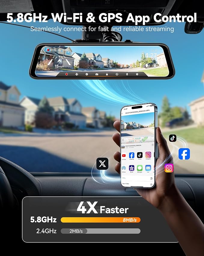 G850 PRO 4K Mirror Dash Cam with ADAS and BSD, Smart Rear View Mirror with 5.8GHz WiFi, Voice Control, 12 inches Camera Includes 64GB Card, GPS, G-Sensor, Loop Recording