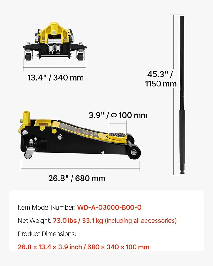 3 Ton Low Profile Floor Jack | Heavy-Duty Racing, Dual Pistons Quick Lift Pump, Lifting Range 3.35"-19.69"