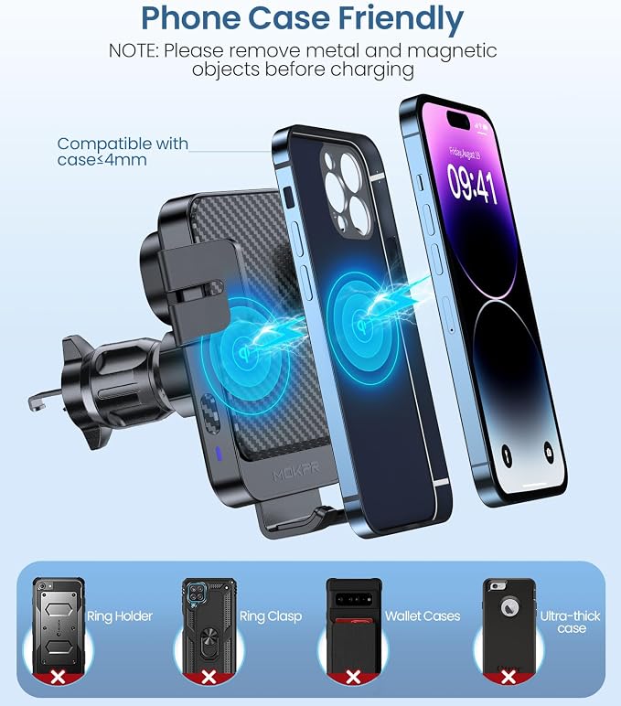 Wireless Car Charger, 15W Fast Charging Auto-Clamping Car Mount Universal Hands-Free Car Charger Mount for Dash Windshield Air Vent Compatible with iPhone 15/14/13/12, Samsung S23/S22/S21 Black