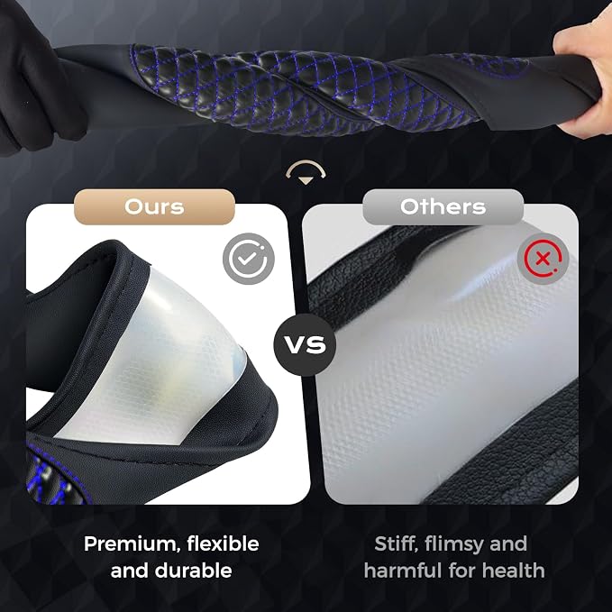 Coverado Nappa Leather Steering Wheel Cover Universal 14-15 Inch Anti-Slip Breathable Steering Wheel Protector Luxury Auto Decor for Men Women Blueline