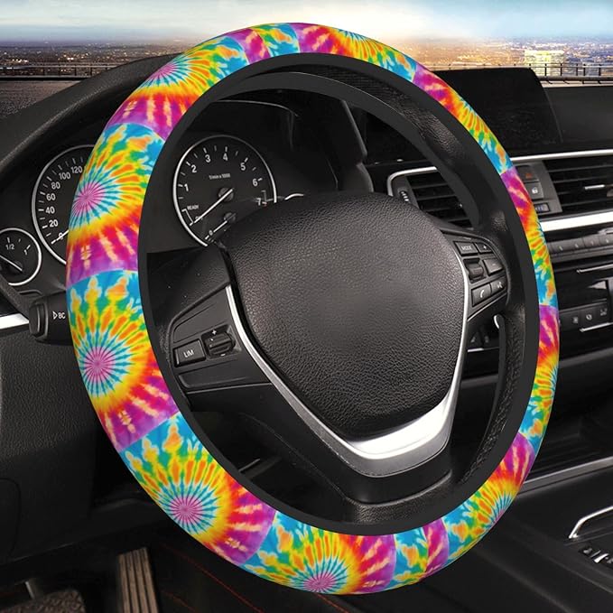 Rainbow Steering Wheel Covers Anti-Slip and Practical 14.5-15 Inch Universal Car Steering Wheel Cover with 2 Pieces Car Coasters Suitable for Men Women