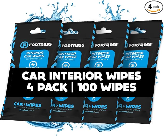 Car Interior Wipes (25 ct, Pack of 4) for Car Interior Cleaning, Dashboard, Seats, Detailing, and Steering Wheel [Travel Size] Skin-Safe Car Interior Cleaner Supplies